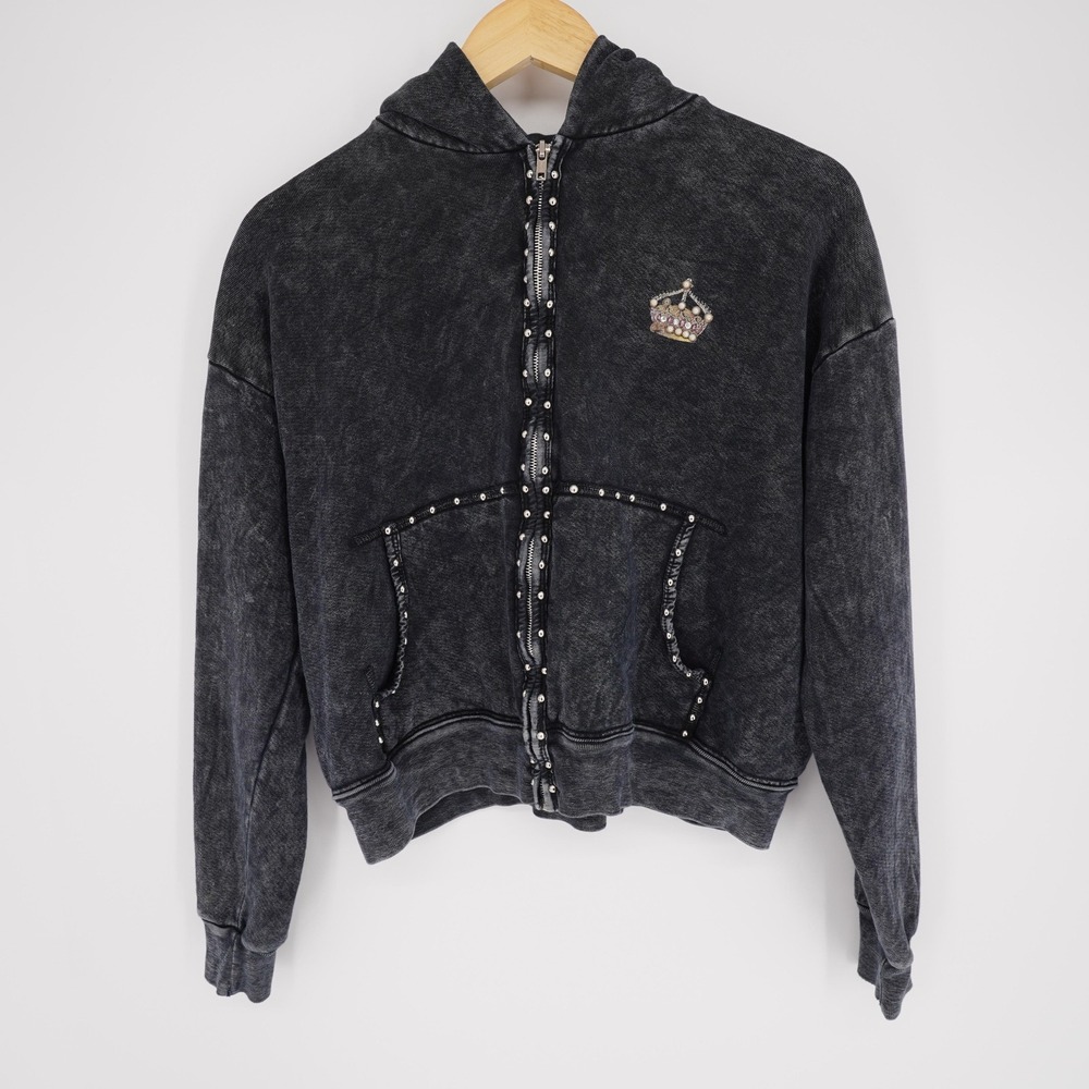 Crown Of Hearts Jacket Womens L Black Beaded Studded Rhinestone Hooded Fleece